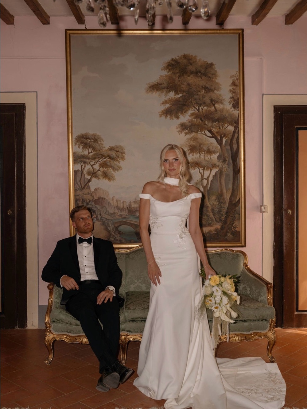 White Off-Shoulder wedding dress Gown with Neck Scarf